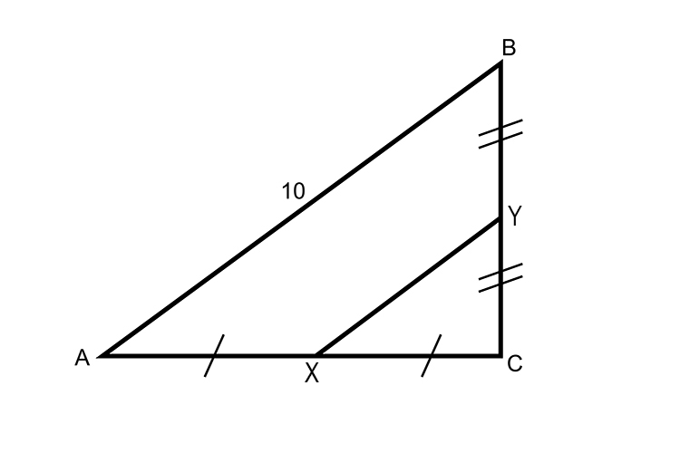 Lines A to C and C to B are bisected at their midpoints